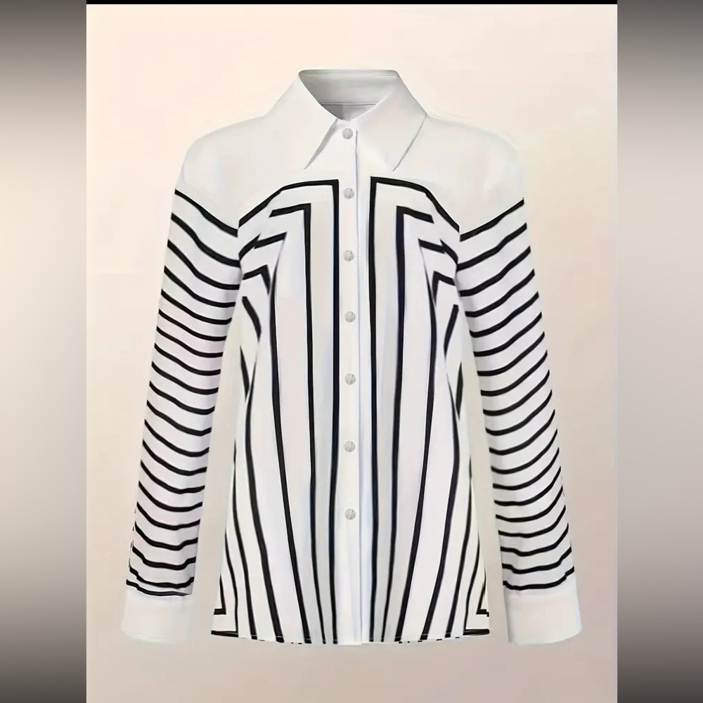 Geo Stripe Button Front Long Sleeve -- Shirt - Black & White - L NWT - Picture 3 of 5